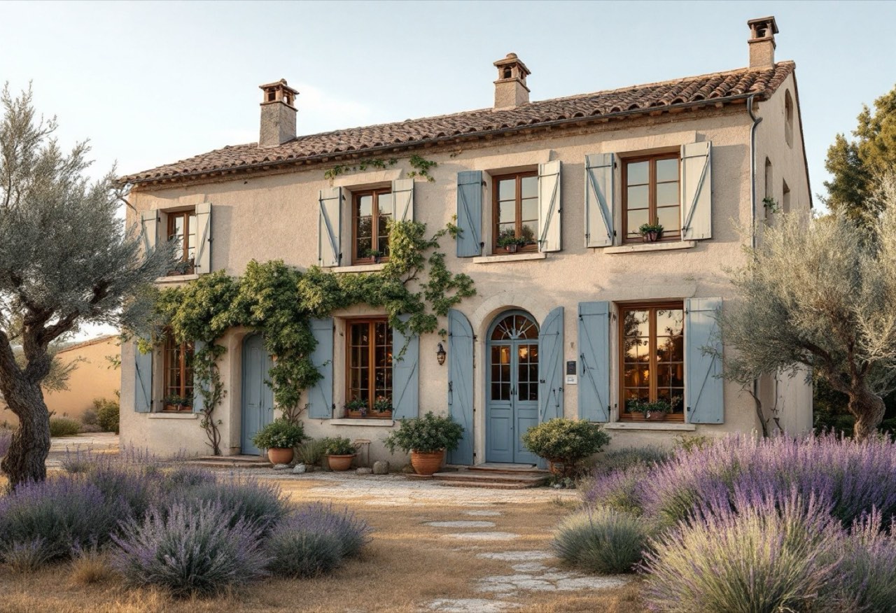 Mas provençal aux volets bleu-gris et fenêtres bois